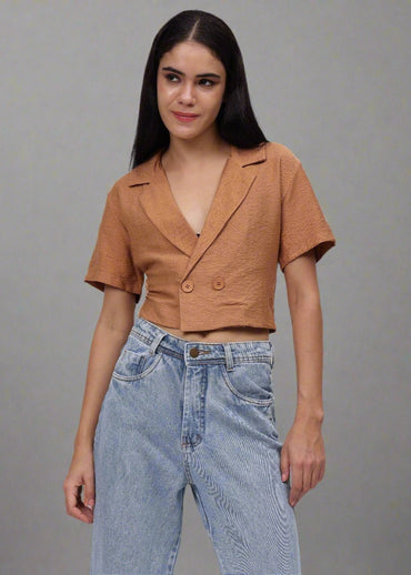 Gaiia Short Sleeve Cropped Blazer Top - Brown - GAIIA