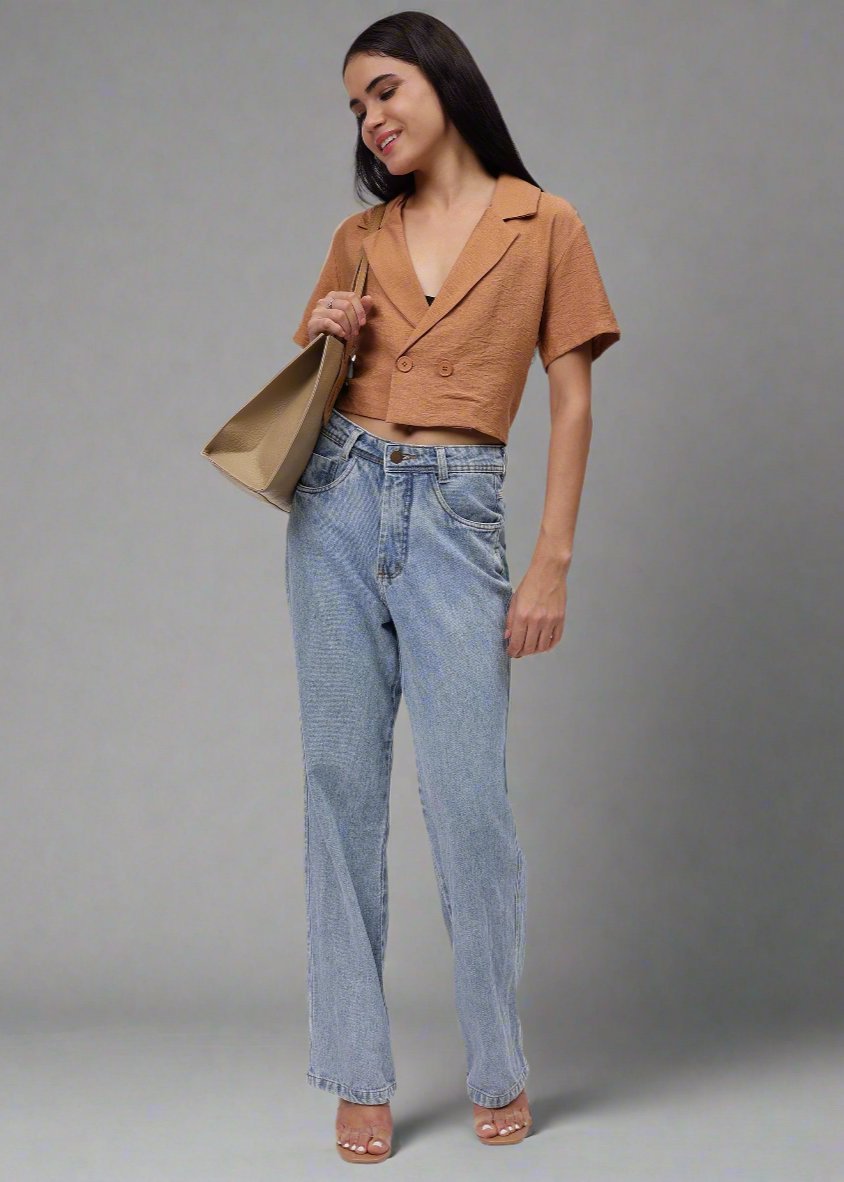 Gaiia Short Sleeve Cropped Blazer Top - Brown - GAIIA