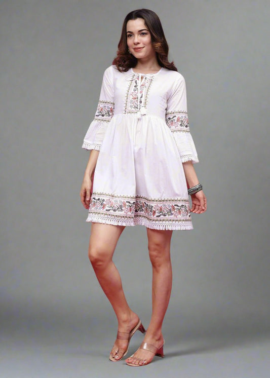 Embroidered A-line Dress 3/4 Sleeve