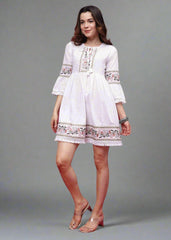 Embroidered A-line Dress 3/4 Sleeve