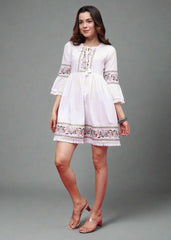 Embroidered A-line Dress 3/4 Sleeve