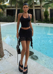 Gaiia Halter Crop Tank Tops Ruffled Hem Mini Skirt