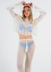 Gaiia Women'S Ecru Tasseled Net Blouse Trouser Set