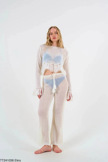 Gaiia Women'S Ecru Tasseled Net Blouse Trouser Set - GAIIA