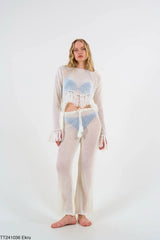 Gaiia Women'S Ecru Tasseled Net Blouse Trouser Set