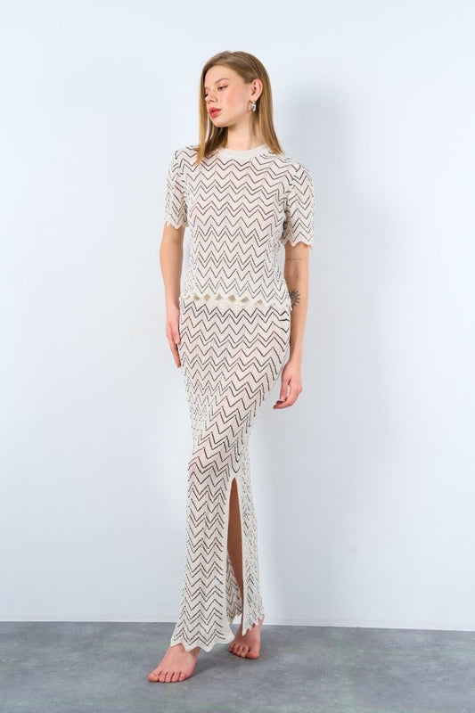 Gaiia Wavy Stripe Knitted Co - Ord Set - White - GAIIA
