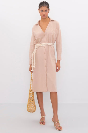 Gaiia Oversized Midi Length Shirt Dress - Beige - GAIIA