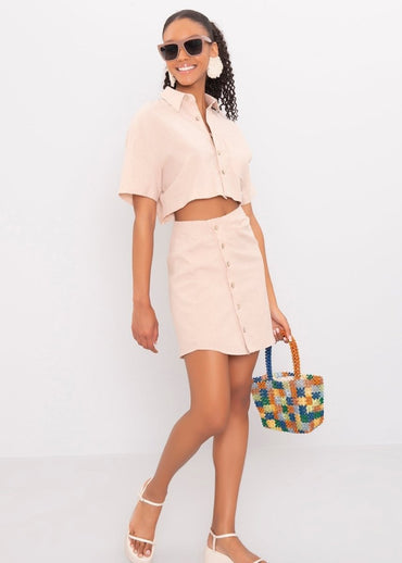 Gaiia Le Splash' Button - Up Crop Top & Skirt Set - Beige - GAIIA