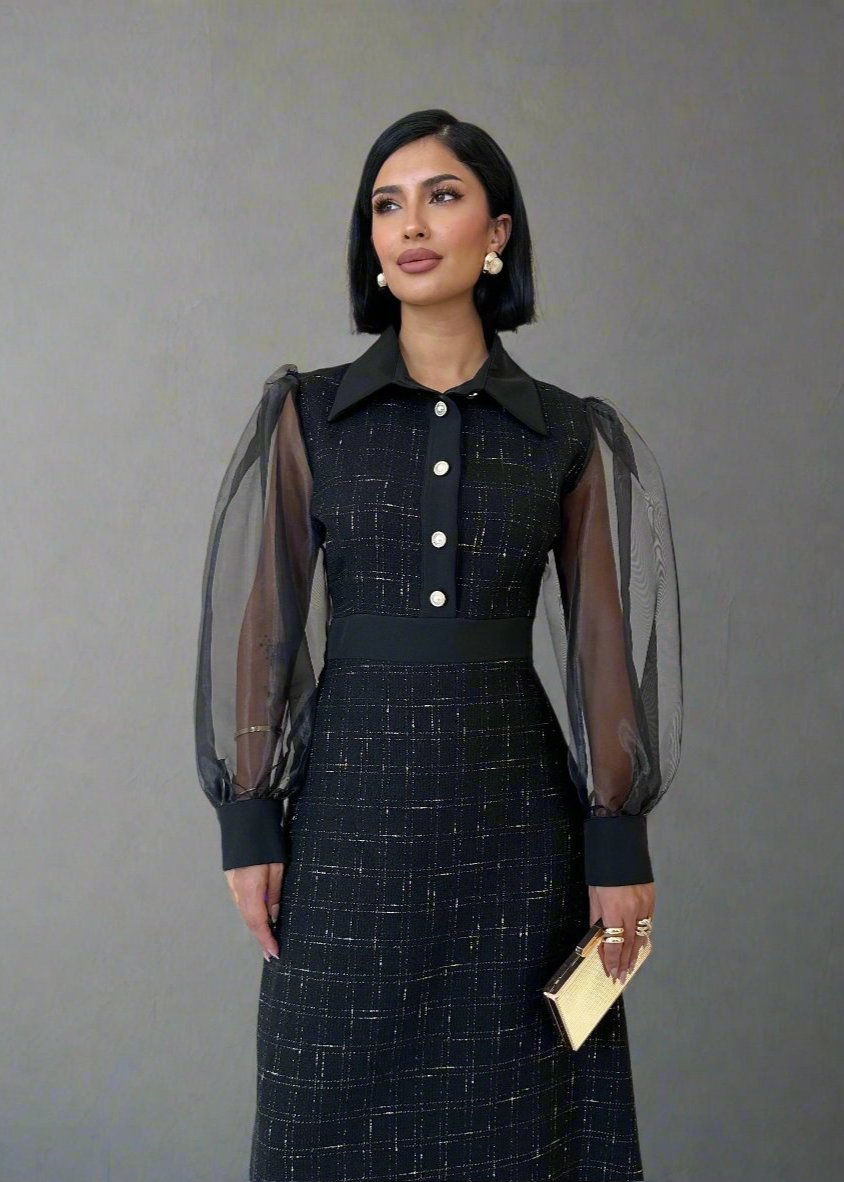 Gaiia Long Tweed Dress With Puff Sleeves - GAIIA