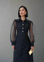 Gaiia Long Tweed Dress With Puff Sleeves