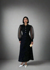 Gaiia Long Tweed Dress With Puff Sleeves