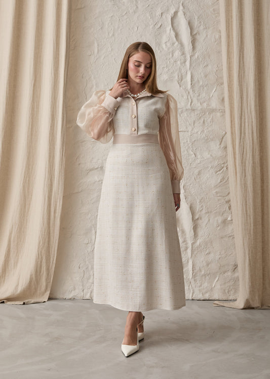 Gaiia Long Tweed Dress With Puff Sleeves