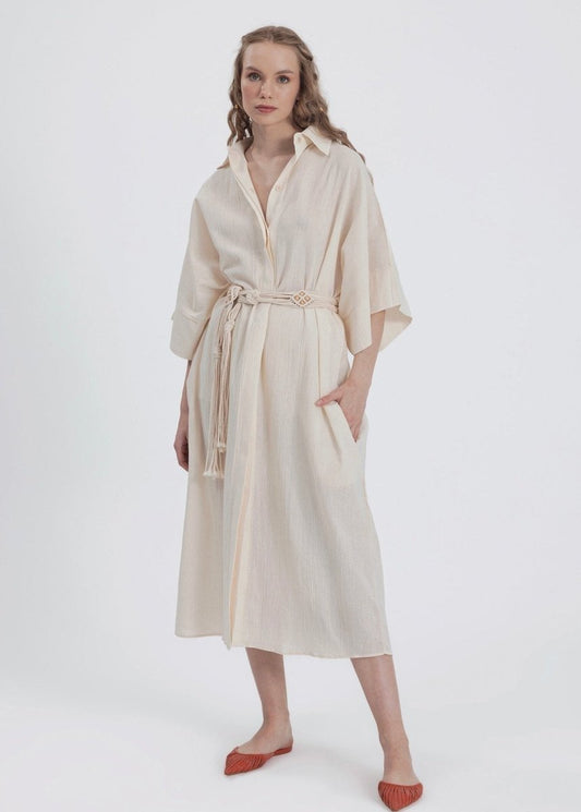 Gaiia Belted White Shirt Dress - Beige - GAIIA