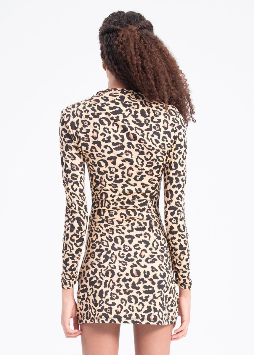 Gaiia Women Long Sleeve Mini Dress Leopard Print - Brown - GAIIA