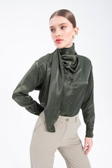 Gaiia Collar Detailed Satin Shirt Tie Neck Crepe Top - Green