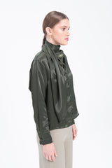 Gaiia Collar Detailed Satin Shirt Tie Neck Crepe Top - Green