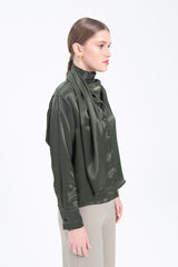 Gaiia Collar Detailed Satin Shirt Tie Neck Crepe Top - Green