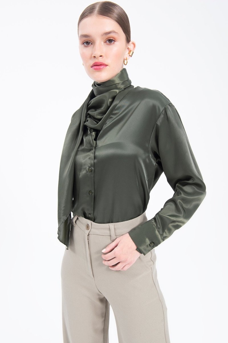 Gaiia Collar Detailed Satin Shirt Tie Neck Crepe Top - Green - GAIIA