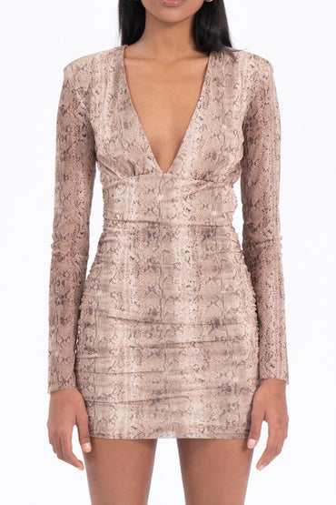 Gaiia Beige Deep V Neck Detail Mini Dress - Beige - GAIIA