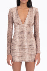 Gaiia Beige Deep V Neck Detail Mini Dress - Beige