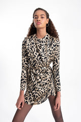 Gaiia Beige Stand Collar Leopard Mini Dress - Beige