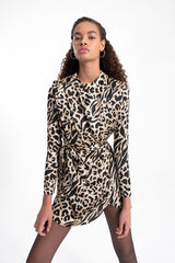 Gaiia Beige Stand Collar Leopard Mini Dress - Beige