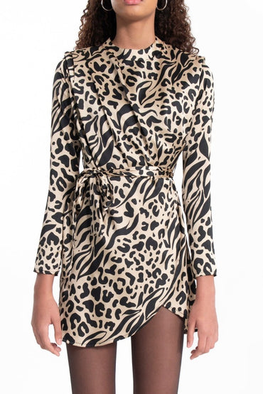 Gaiia Beige Stand Collar Leopard Mini Dress - Beige - GAIIA