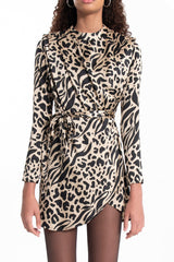 Gaiia Beige Stand Collar Leopard Mini Dress - Beige