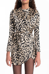 Gaiia Beige Stand Collar Leopard Mini Dress - Beige