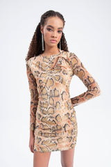 Gaiia Beige Neck Window Detailed Mini Dress - Beige