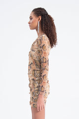 Gaiia Beige Neck Window Detailed Mini Dress - Beige