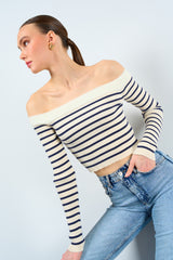 Gaiia Off-Shoulder Knitted Stripe Sweater