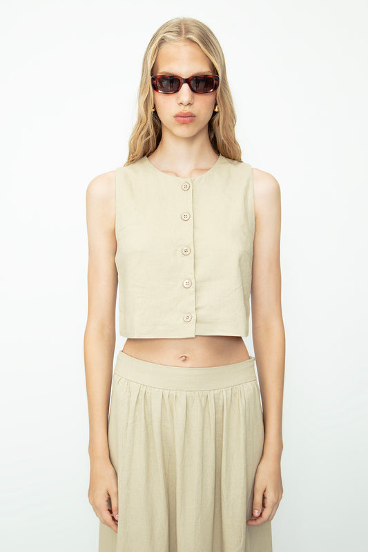 Gaiia Dark Beige Linen Blend Vest - Beige