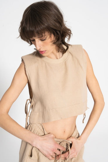 Gaiia Two Piece Linen Loungewear Set - Beige - GAIIA