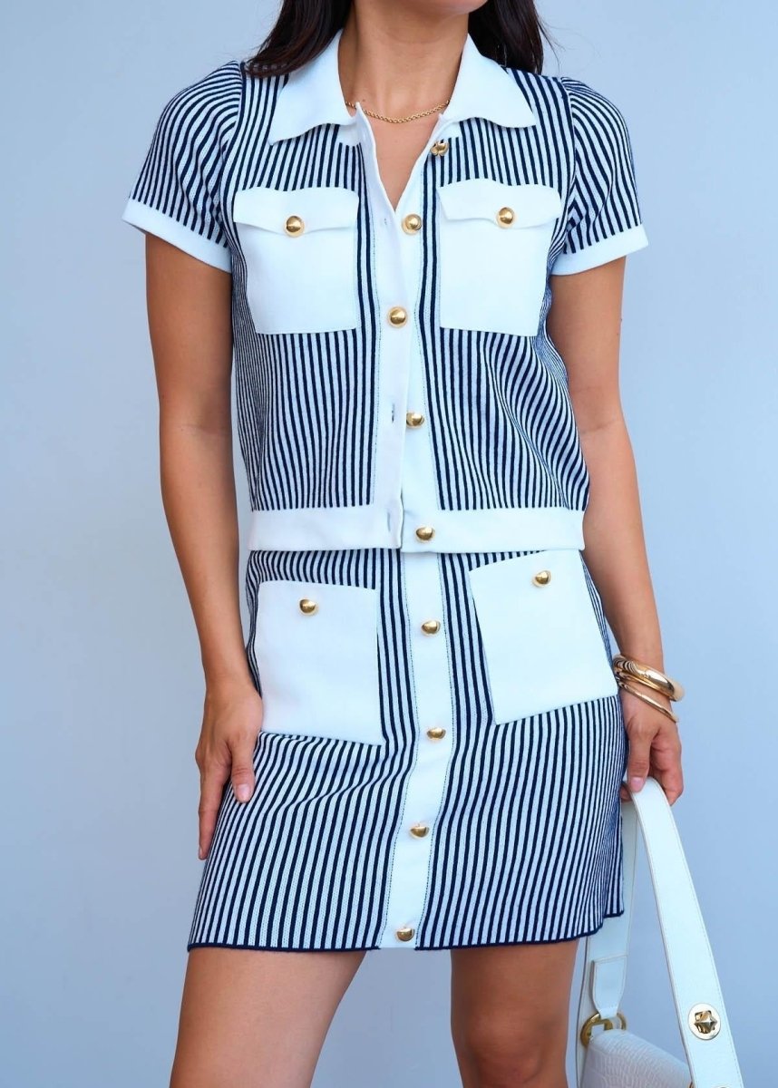 Gaiia Vertical Stripes Buttoned Top & Skirt Set - White - GAIIA