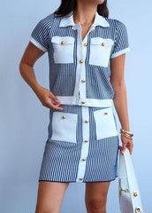 Gaiia Vertical Stripes Buttoned Top & Skirt Set - White