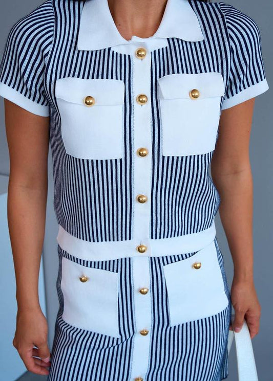 Gaiia Vertical Stripes Buttoned Top & Skirt Set - White - GAIIA