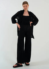 Gaiia Openwork Shawl Collar Cardigan Blouse Trousers Three Piece Set