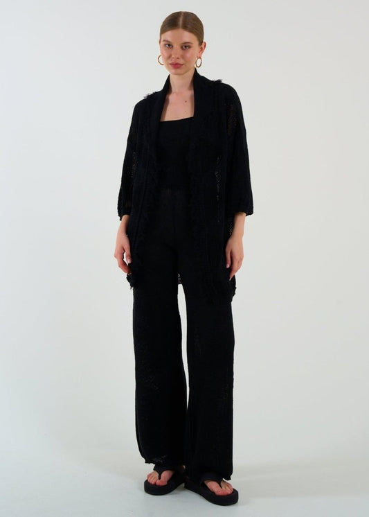 Gaiia Openwork Shawl Collar Cardigan Blouse Trousers Three Piece Set - GAIIA