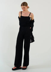 Gaiia Openwork Shawl Collar Cardigan Blouse Trousers Three Piece Set