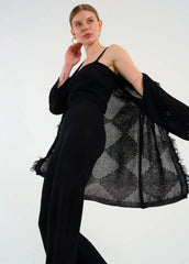 Gaiia Openwork Shawl Collar Cardigan Blouse Trousers Three Piece Set