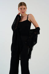 Gaiia Openwork Shawl Collar Cardigan Blouse Trousers Three Piece Set