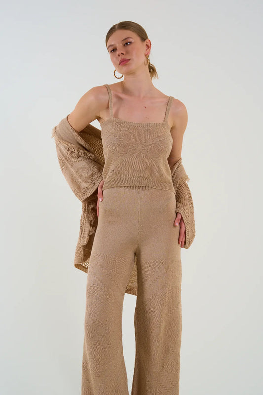 Gaiia Openwork Shawl Collar Cardigan Blouse Trousers Three Piece Set