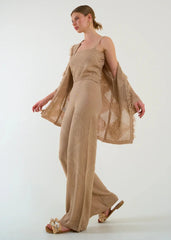 Gaiia Openwork Shawl Collar Cardigan Blouse Trousers Three Piece Set