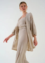 Gaiia Openwork Shawl Collar Cardigan Blouse Trousers Three Piece Set