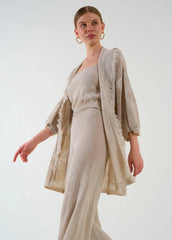 Gaiia Openwork Shawl Collar Cardigan Blouse Trousers Three Piece Set