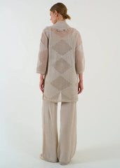 Gaiia Openwork Shawl Collar Cardigan Blouse Trousers Three Piece Set