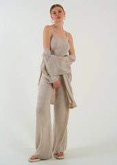 Gaiia Openwork Shawl Collar Cardigan Blouse Trousers Three Piece Set