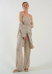 Gaiia Openwork Shawl Collar Cardigan Blouse Trousers Three Piece Set