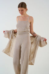 Gaiia Openwork Shawl Collar Cardigan Blouse Trousers Three Piece Set